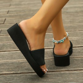 Women's Solid Color Flatform Sandals, Slip On Open Toe Non-slip Low Wedge Slides Shoes, Summer Comfy Beach Shoes