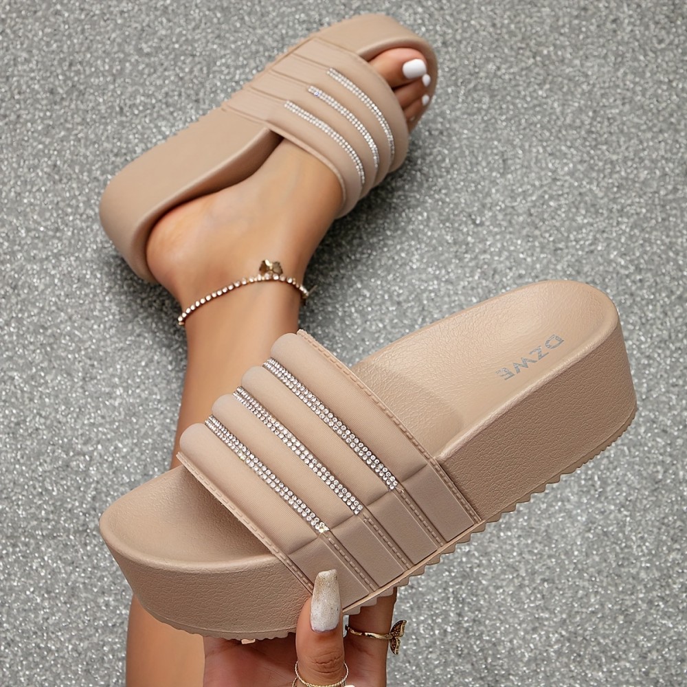 Women's Rhinestone Decor Platform Sandals, Casual Slip On Summer Shoes, Comfortable Beach Sandals