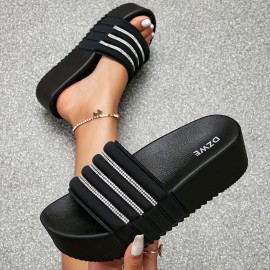 Women's Rhinestone Decor Platform Sandals, Casual Slip On Summer Shoes, Comfortable Beach Sandals
