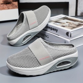 Women's Solid Color Mesh Sneakers, Slip On Soft Sole Platform Home Casual Shoes, Breathable Half Drag Slides Shoes