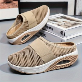 Women's Solid Color Mesh Sneakers, Slip On Soft Sole Platform Home Casual Shoes, Breathable Half Drag Slides Shoes