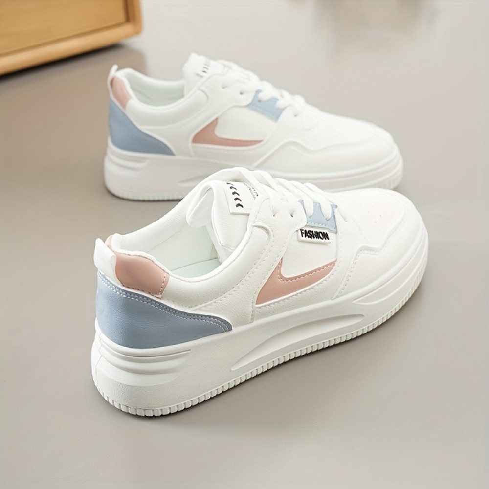 Women's Colorblock Flatform Sneakers, Lace Up Low-top Round Toe Non-slip Skate Shoes, Versatile Sporty Shoes