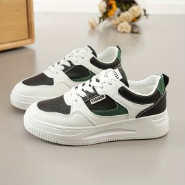 Women's Colorblock Flatform Sneakers, Lace Up Low-top Round Toe Non-slip Skate Shoes, Versatile Sporty Shoes