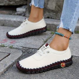 Women's Flat Handmade Sneakers, Solid Color Soft Sole Lace Up Faux Leather Shoes, Casual Walking Shoes