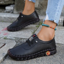 Women's Flat Handmade Sneakers, Solid Color Soft Sole Lace Up Faux Leather Shoes, Casual Walking Shoes