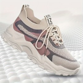 Women's Knit Chunky Sneakers, Colorblock Lace Up Low Top Running Sports Shoes, Breathable Walking Trainers