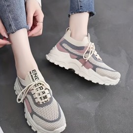Women's Knit Chunky Sneakers, Colorblock Lace Up Low Top Running Sports Shoes, Breathable Walking Trainers