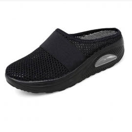 Women's Mesh Flat Shoes, Air Cushion Half Slippers, Slip On Breathable Casual Shoes