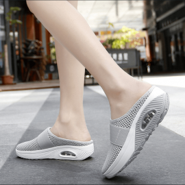 Women's Mesh Flat Shoes, Air Cushion Half Slippers, Slip On Breathable Casual Shoes