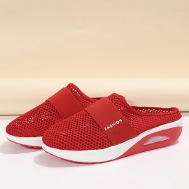 Women's Mesh Flat Shoes, Air Cushion Half Slippers, Slip On Breathable Casual Shoes