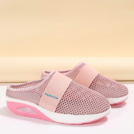 Women's Mesh Flat Shoes, Air Cushion Half Slippers, Slip On Breathable Casual Shoes