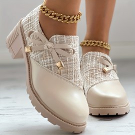 Women's Elegant Colorblock Shoes, Bowknot Decor Side Zipper Comfy Shoes, Chunky Heel Dress Shoes