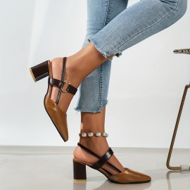 Women's Colorblock Trendy Sandals, Ankle Buckle Strap Comfy Chunky Heel Soft Sole Shoes, Versatile Point Toe Dress Shoes