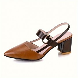 Women's Colorblock Trendy Sandals, Ankle Buckle Strap Comfy Chunky Heel Soft Sole Shoes, Versatile Point Toe Dress Shoes