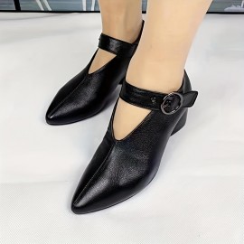 Women's Solid Color Trendy Shoes, Ankle Buckle Comfy Chunky Heel Daily Shoes, Versatile Point Toe Soft Sole Shoes