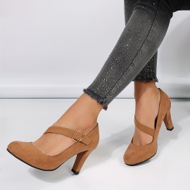 Women's Solid Color Block Heels, Elegant Buckle Strap Dress Pumps, Comfortable Black Heels