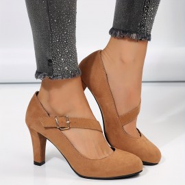 Women's Solid Color Block Heels, Elegant Buckle Strap Dress Pumps, Comfortable Black Heels