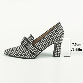 Women's Houndstooth Pumps, Bowknot Pointed Toe Slip On Chunky Heels, Versatile Dress High Heels