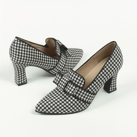 Women's Houndstooth Pumps, Bowknot Pointed Toe Slip On Chunky Heels, Versatile Dress High Heels