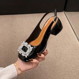 Women's Retro Chunky Heel Sandals, Stylish Rhinestone Decor Buckle Strap Shoes, Women's Fashion Slingback Shoes