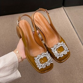 Women's Retro Chunky Heel Sandals, Stylish Rhinestone Decor Buckle Strap Shoes, Women's Fashion Slingback Shoes