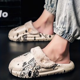 Cartoon Printed Plush Lined Clogs, Closed Toe Detachable Lining EVA Slippers, Cozy & Warm Home Outdoor Shoes