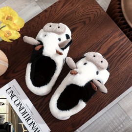 Women's Cute Cow Design Slippers, Casual Slip On Plush Lined Platform Shoes, Warm Indoor Slippers