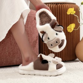 Women's Cute Cow Design Slippers, Casual Slip On Plush Lined Platform Shoes, Warm Indoor Slippers