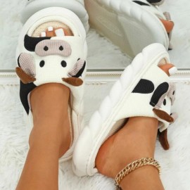 Cute Fabric Cow Home Slippers, Open Toe Super Soft Sole Platform Shoes, Comfy Indoor Animal Slippers
