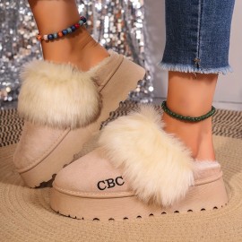 Fluffy Furry Platform House Slippers, Closed Toe Plush Lined Thermal Shoes, Winter Warm Home Fuzzy Slippers