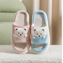 Women's Cute Cartoon Printed Slipper, Slip On Open Toe Home Non-slip Linen Sole Slides Shoes, Cozy Plush Indoor Shoes