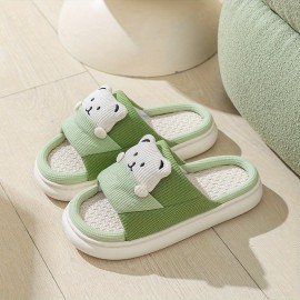 Women's Cute Cartoon Printed Slipper, Slip On Open Toe Home Non-slip Linen Sole Slides Shoes, Cozy Plush Indoor Shoes