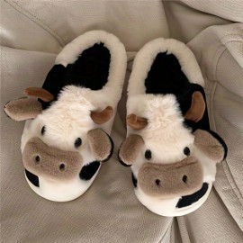 Cute Cartoon Cow Design Slippers, Kawaii Plush Lined Non Slip Bedroom Shoes, Warm & Comfortable Shoes